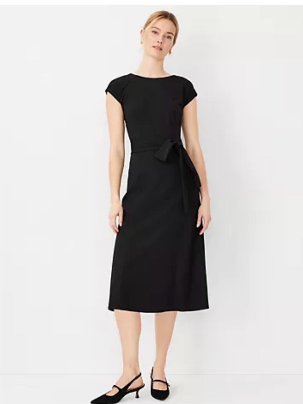Ann Taylor Cap Sleeve Black Tie-Waist Midi Dress